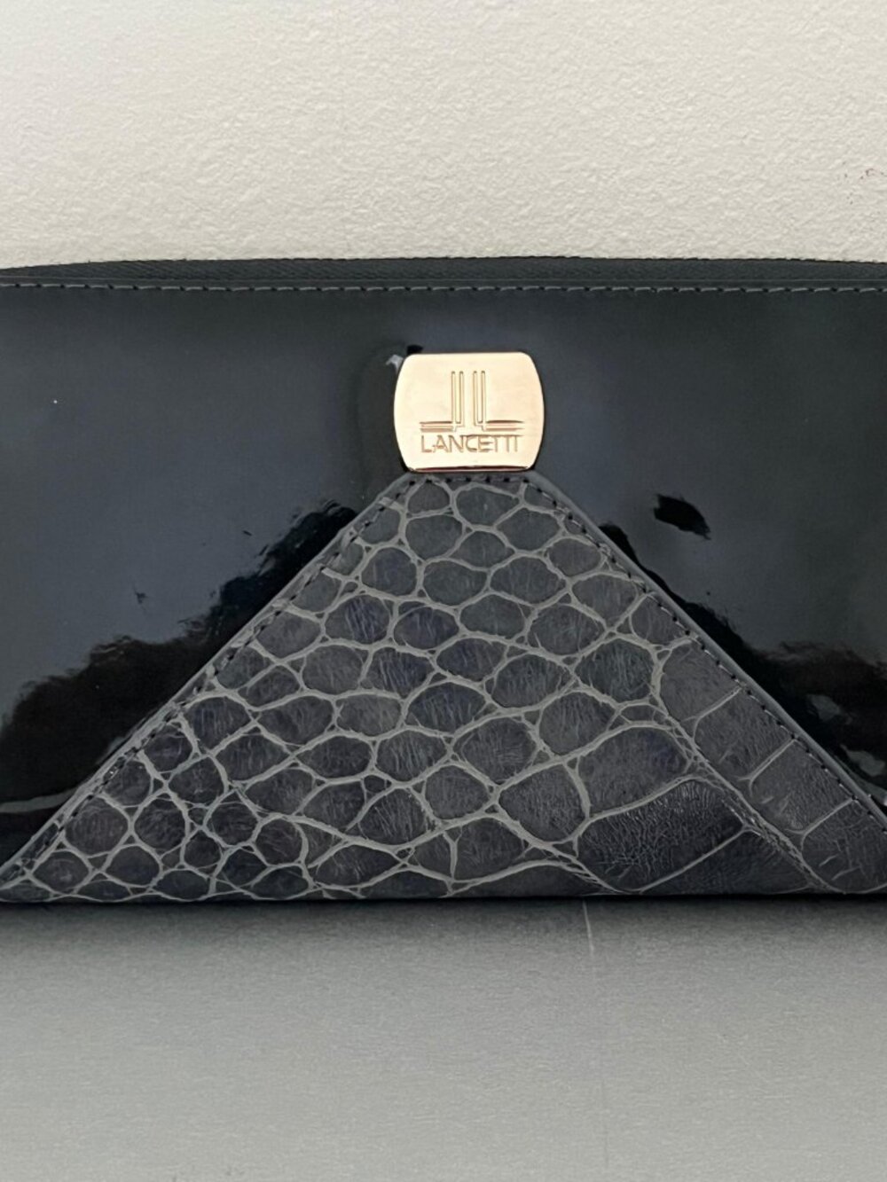 Vintage Lancetti Black Patent Leather & Grey Crocodile Pattern Clutch Wallet